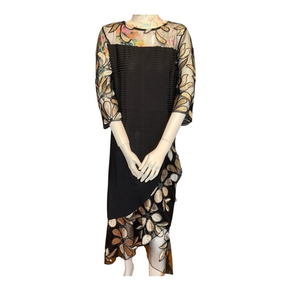 Black and Cream Asymmetrical Embellished Cocktail Dress - Picture 2 of 8